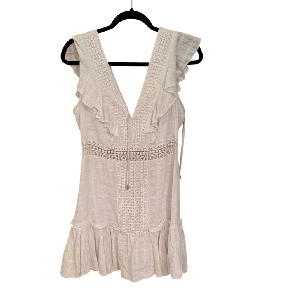 White Boho Crochet Lace Ruffle Mini Dress V-Neck Sleeveless Summer Sun Dress
